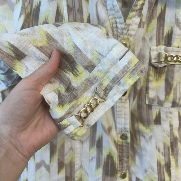 JM collection petite 100% linen button down blouse yellow brown white size 6P - Picture 5 of 8